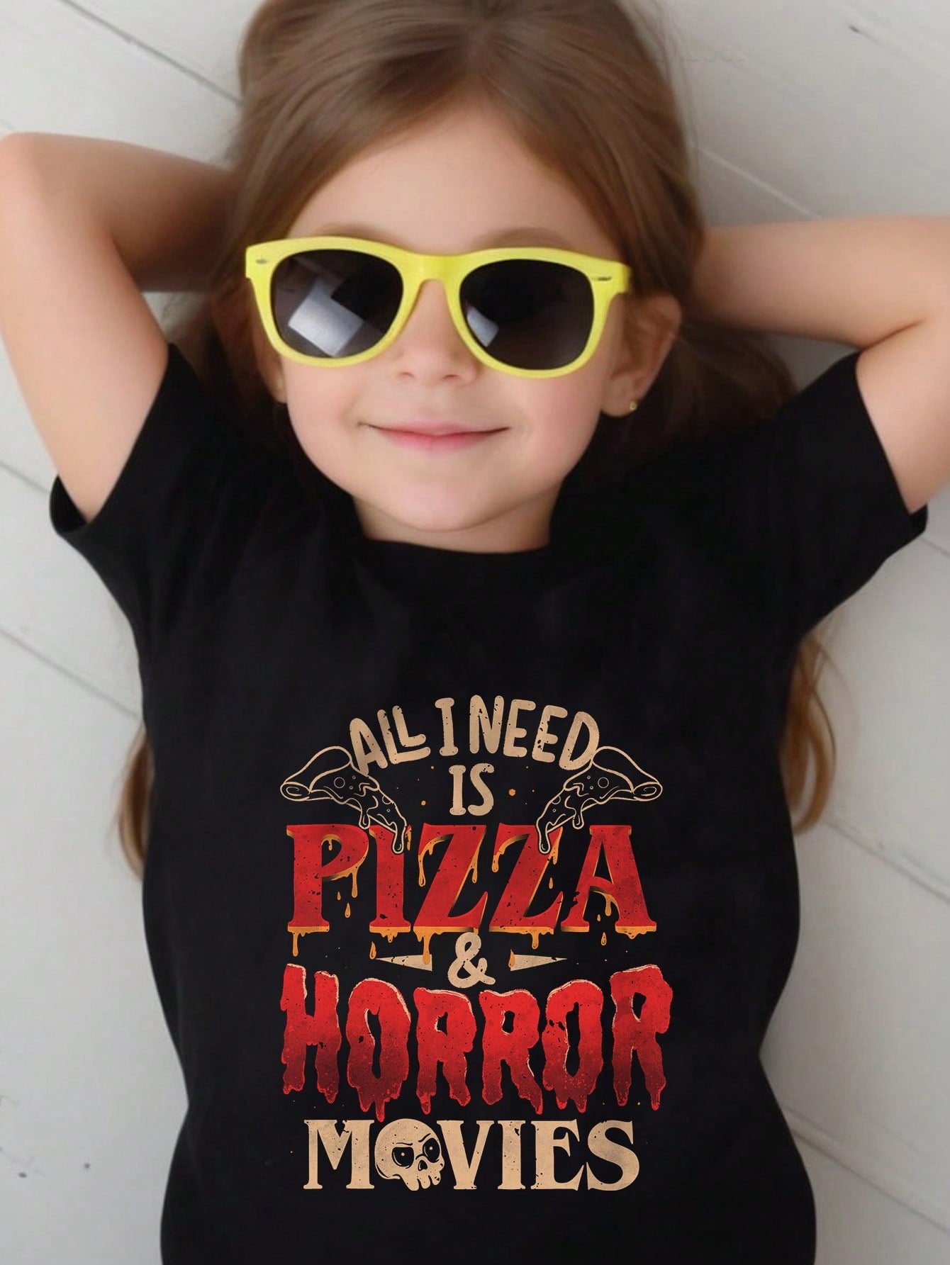 Eduely Halloween Letter, Slogan, Pizza Print Short Sleeve T-Shirt For Young Girl, Summer