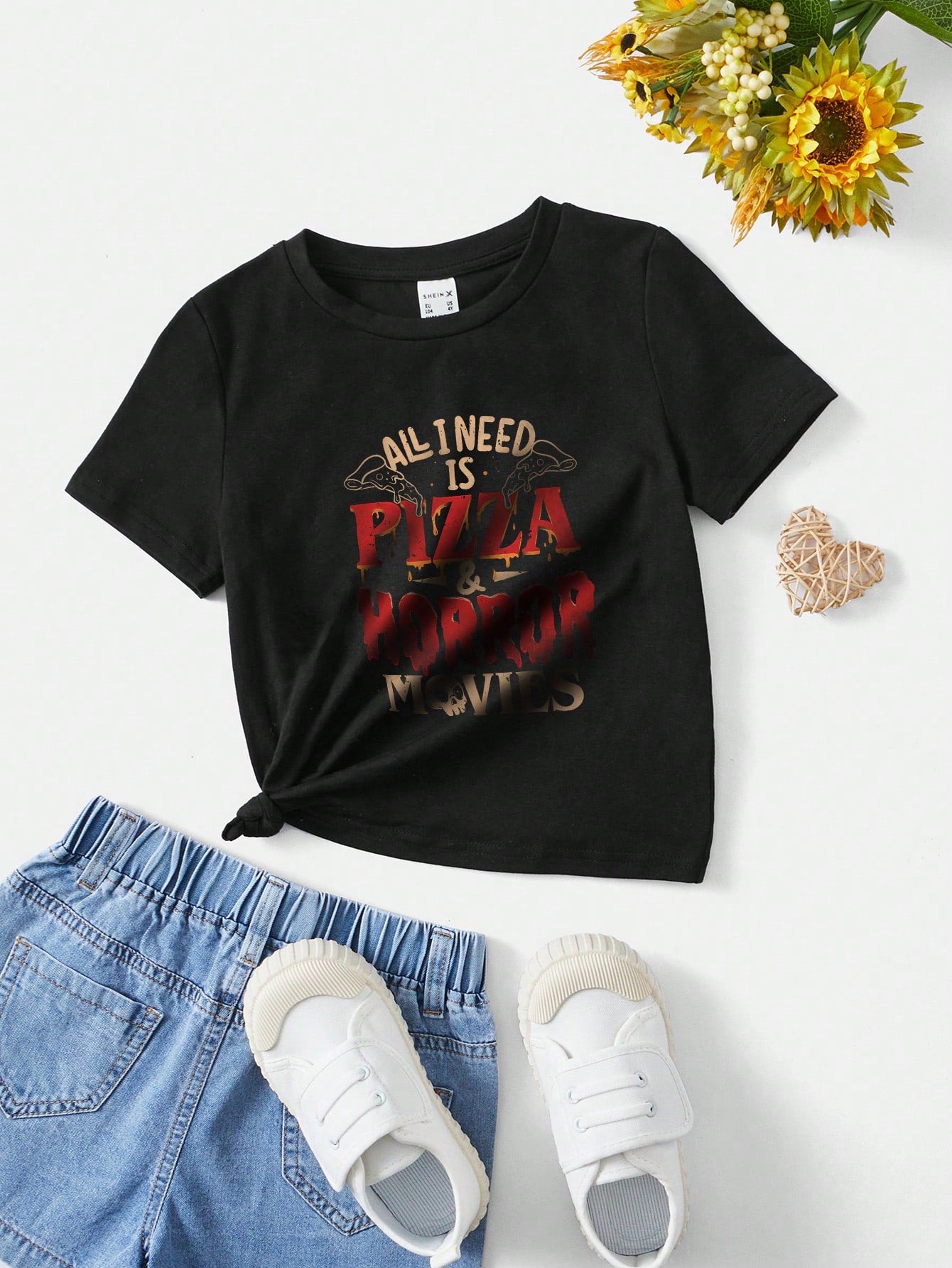 Eduely Halloween Letter, Slogan, Pizza Print Short Sleeve T-Shirt For Young Girl, Summer