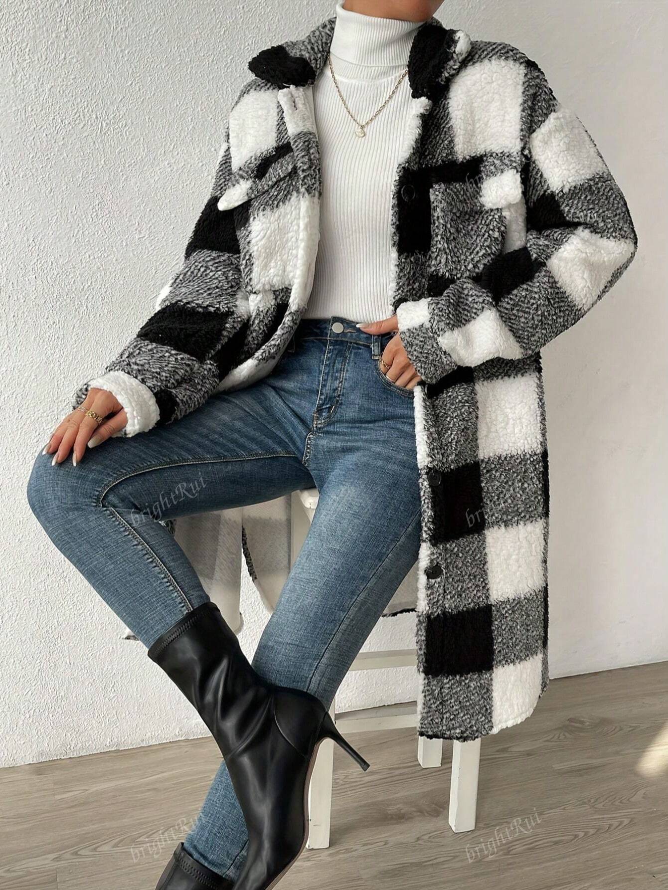 Women Single-Breasted Lapel Fluffy Plaid Long Coat, Autumn/Winter