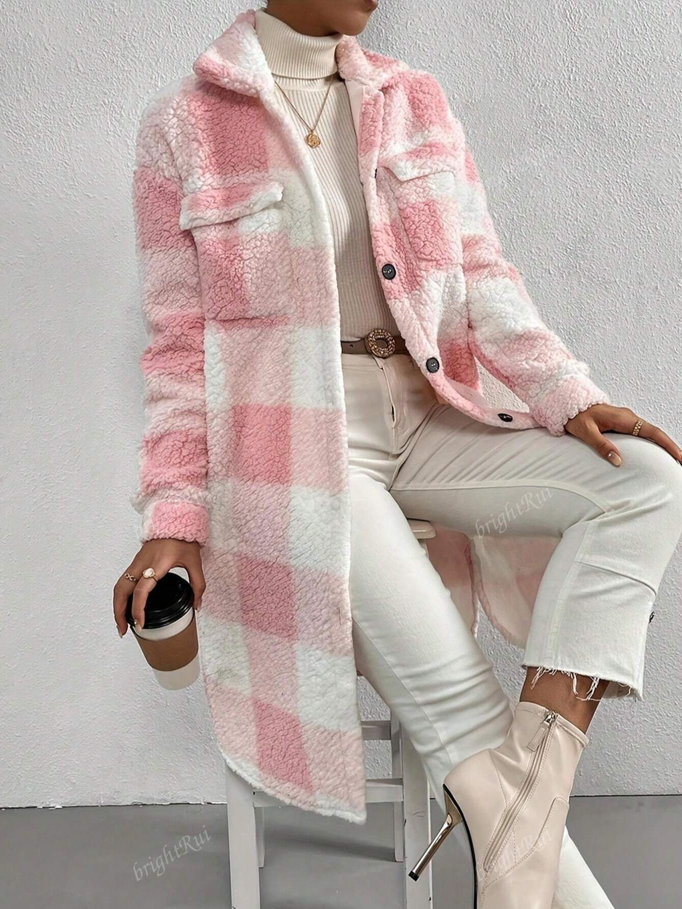 Women Single-Breasted Lapel Fluffy Plaid Long Coat, Autumn/Winter