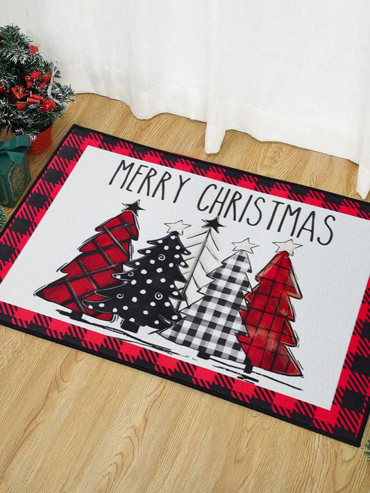 1pc Christmas Ground Mat Doormat Red And Black Plaid Christmas Tree Pattern Polyester Rug For Merry Christmas Home Decoration Supplies, Winter Holiday 2025 New Year Outdoor Indoor Decorative Product, Christmas Gift, Xmas Ground Ornaments,Christmas