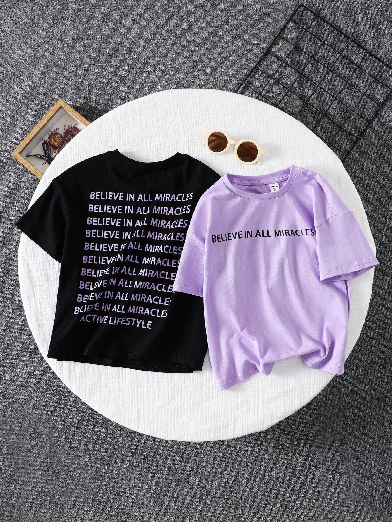 2pcs/Set Girls Solid Color Letter Pattern Round Neck Loose Casual T-Shirt