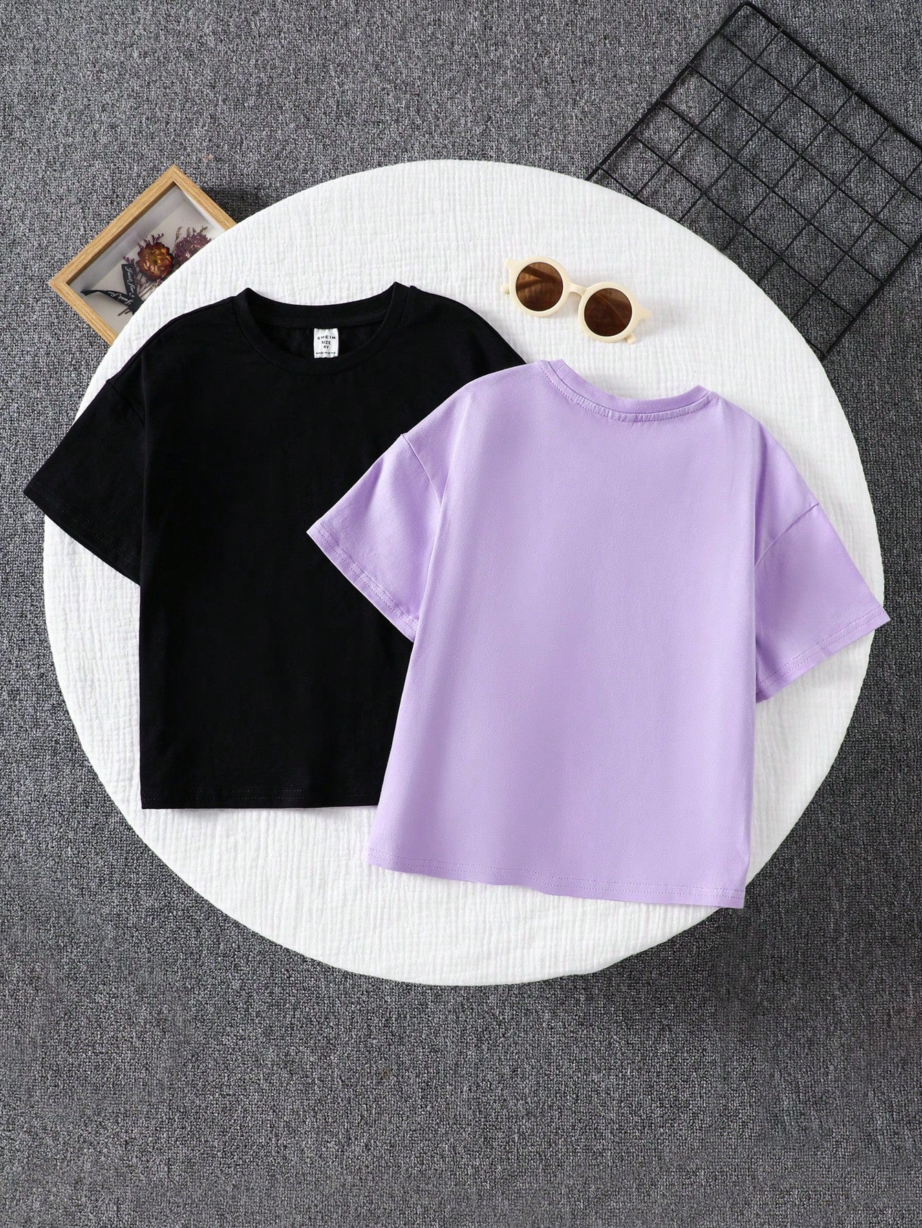 2pcs/Set Girls Solid Color Letter Pattern Round Neck Loose Casual T-Shirt