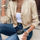 LUNE Autumn New Metallic Gold Zipper Ribbed Cuffs Baseball Jacket, Slim Fit, Elegant, Versatile, Short Cardigan Top For New Year Holiday Party Clothes