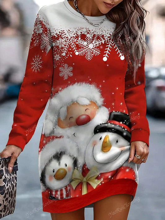 Women's Elegant Snowman Print Long Tunic Sweatshirt Dress, New Arrival Autumn/Winter