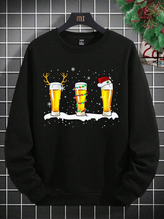 Men's Casual Fashion Christmas Element Cartoon Beer Mug, Snowflake, Cute Deer Horn, Snowman, Santa Hat Print Basic Crew Neck Sweatshirt