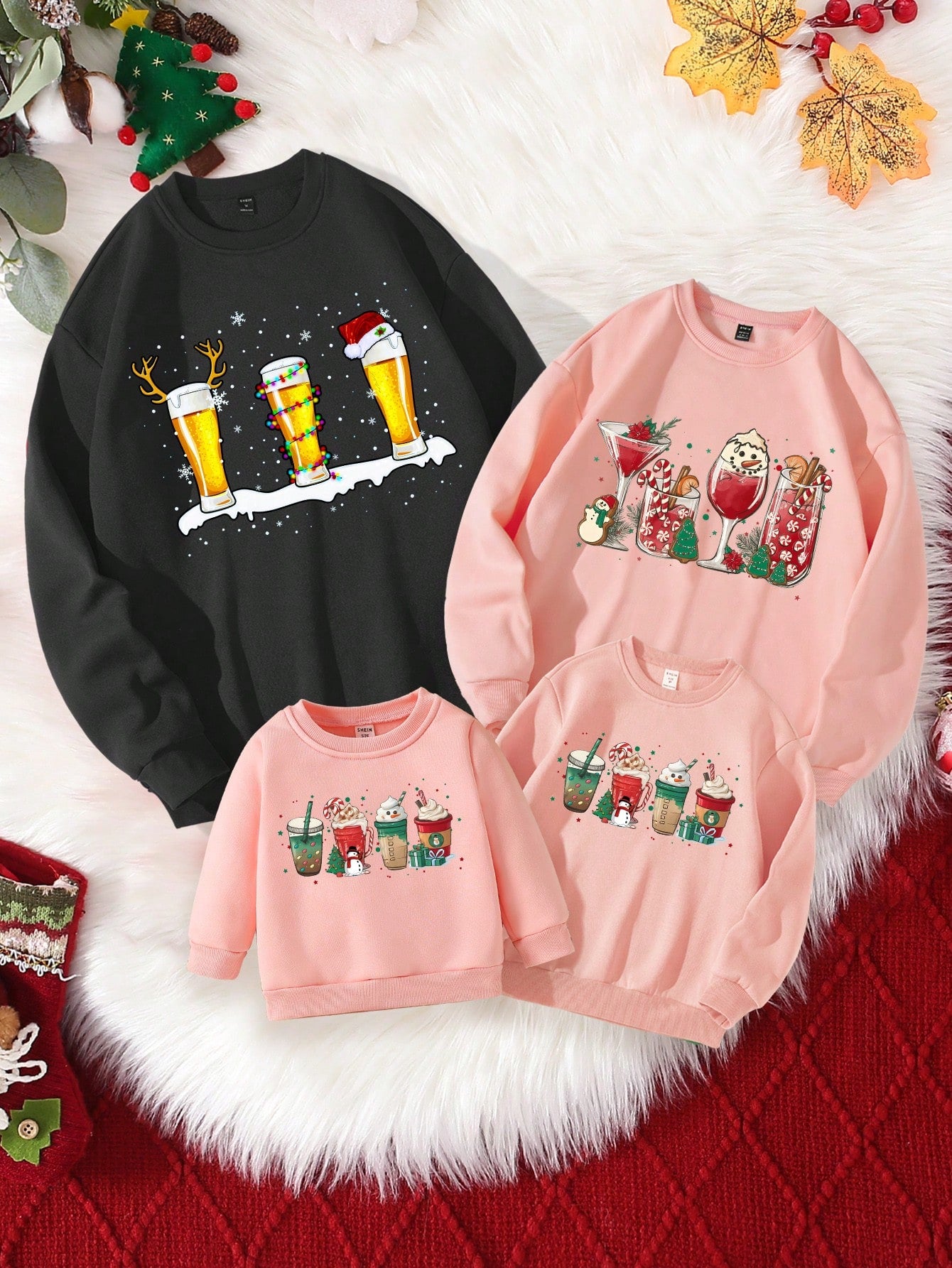 Men's Casual Fashion Christmas Element Cartoon Beer Mug, Snowflake, Cute Deer Horn, Snowman, Santa Hat Print Basic Crew Neck Sweatshirt