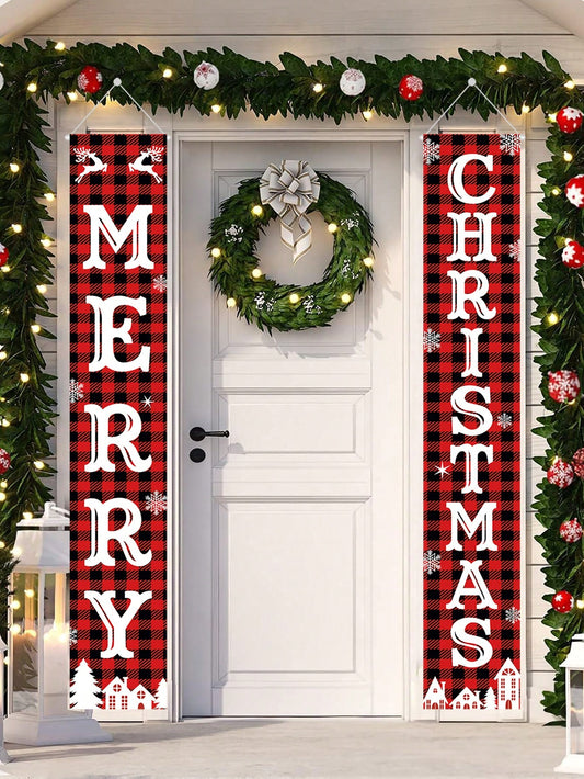 2Pcs Merry Christmas Door Curtain,Gatepost Couplet,Door Couplet,Red And Black Checkerd Banners,Chriatmas Decorations,Door Decor,Festive Outdoor Decorations For Christmas,Xmas Party Decor Party Favors,Noel Navidad Decor,Christmas