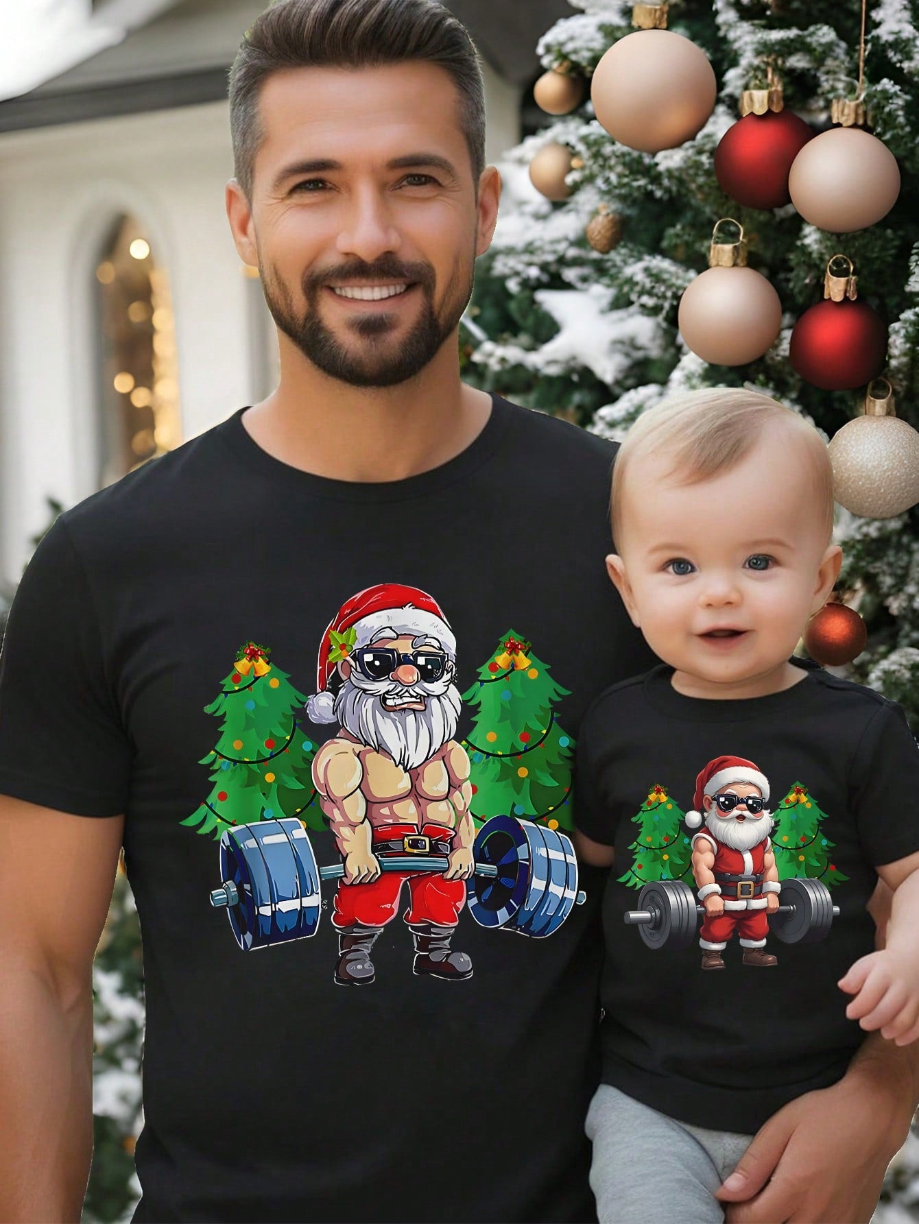 Men's Casual Christmas Themed Print - Santa Claus With Sunglasses, Christmas Tree Short Sleeve T-Shirt