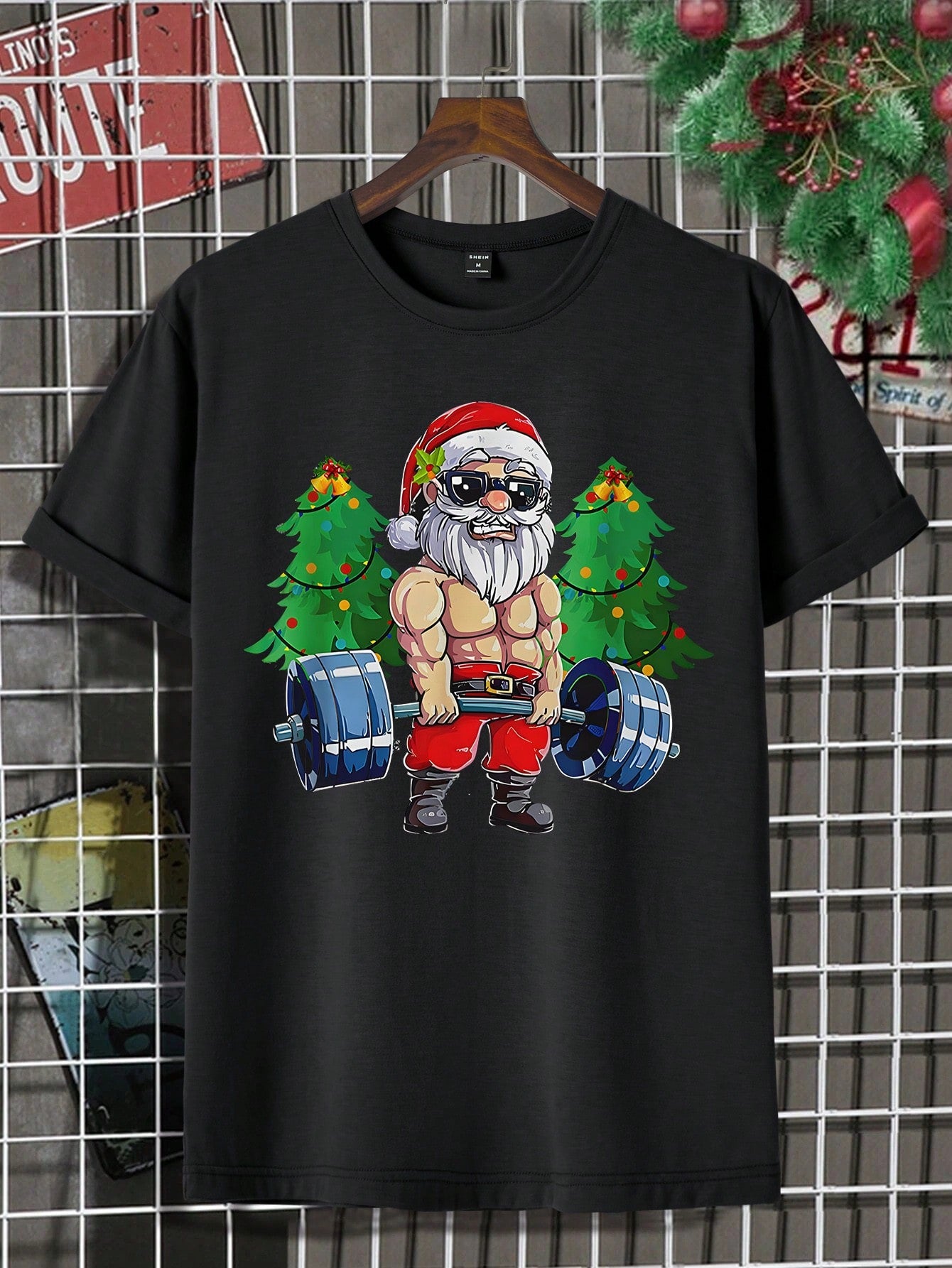 Men's Casual Christmas Themed Print - Santa Claus With Sunglasses, Christmas Tree Short Sleeve T-Shirt