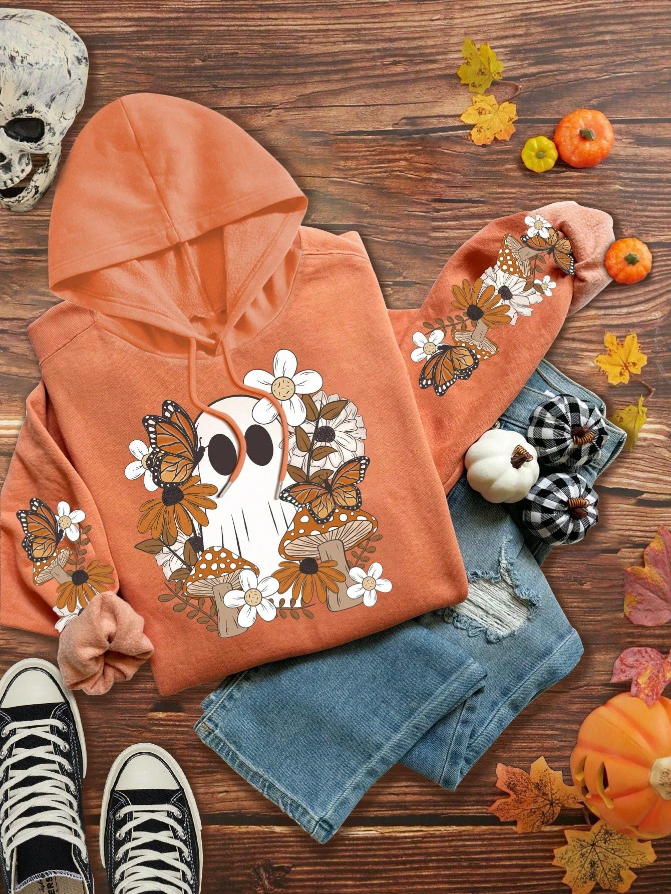 LUNE Plus Size Women's Long Sleeve Orange Hooded Sweatshirt With Floral, Butterfly And Mushroom Motifs For Halloween