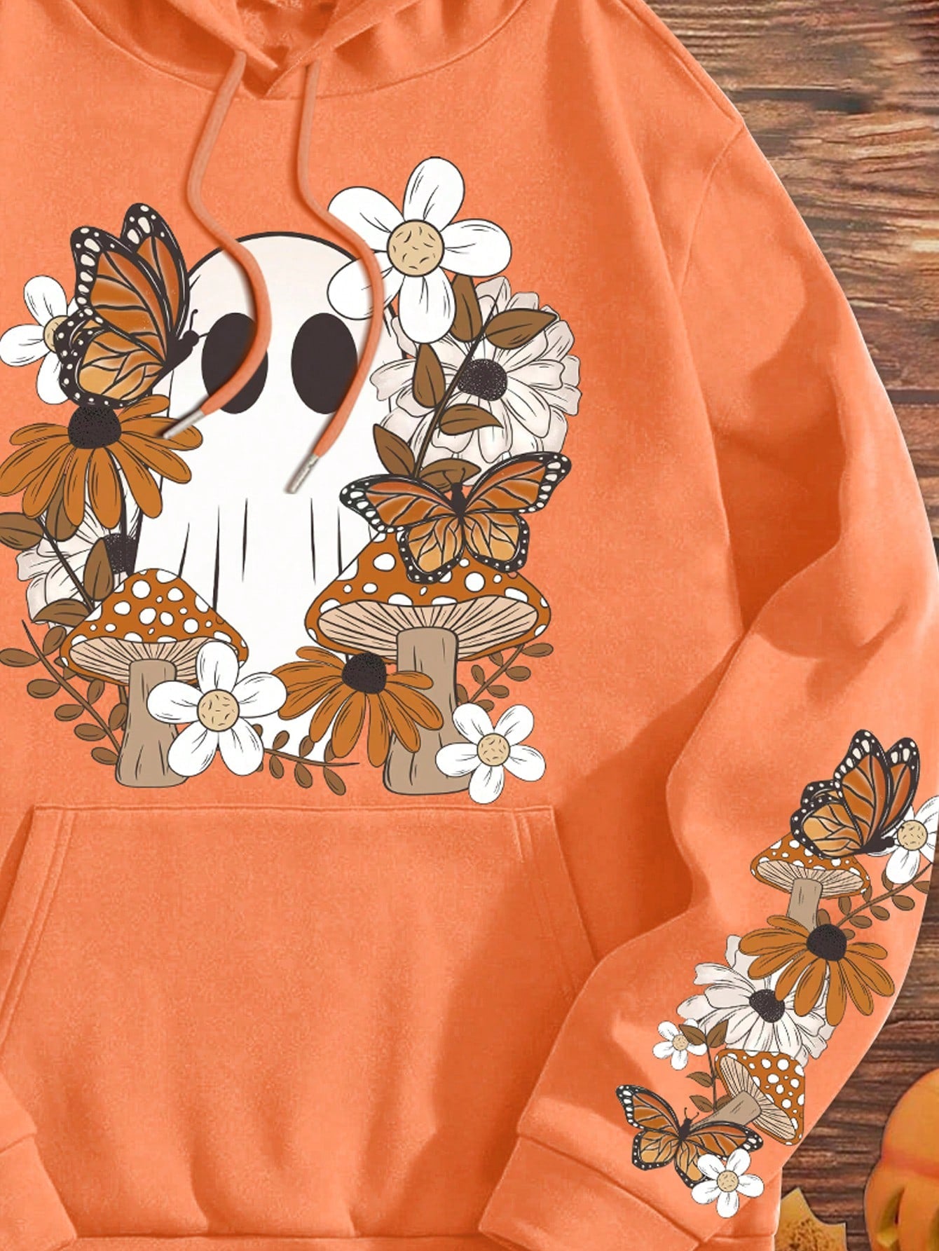 LUNE Plus Size Women's Long Sleeve Orange Hooded Sweatshirt With Floral, Butterfly And Mushroom Motifs For Halloween