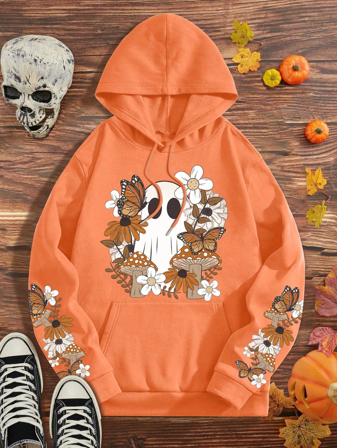 LUNE Plus Size Women's Long Sleeve Orange Hooded Sweatshirt With Floral, Butterfly And Mushroom Motifs For Halloween