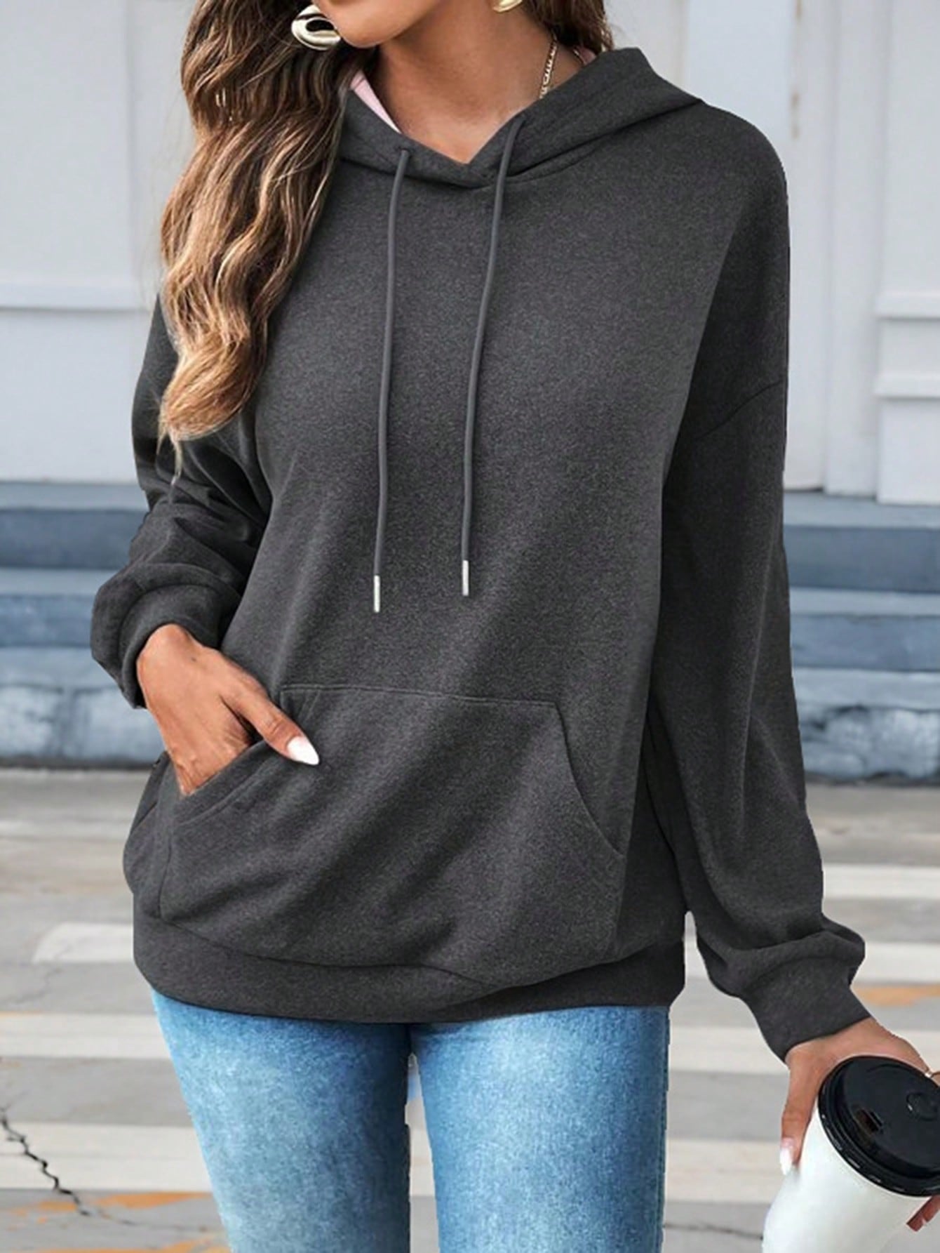 EZwear Kangaroo Pocket Drop Shoulder Drawstring Hoodie,Long Sleeve Tops