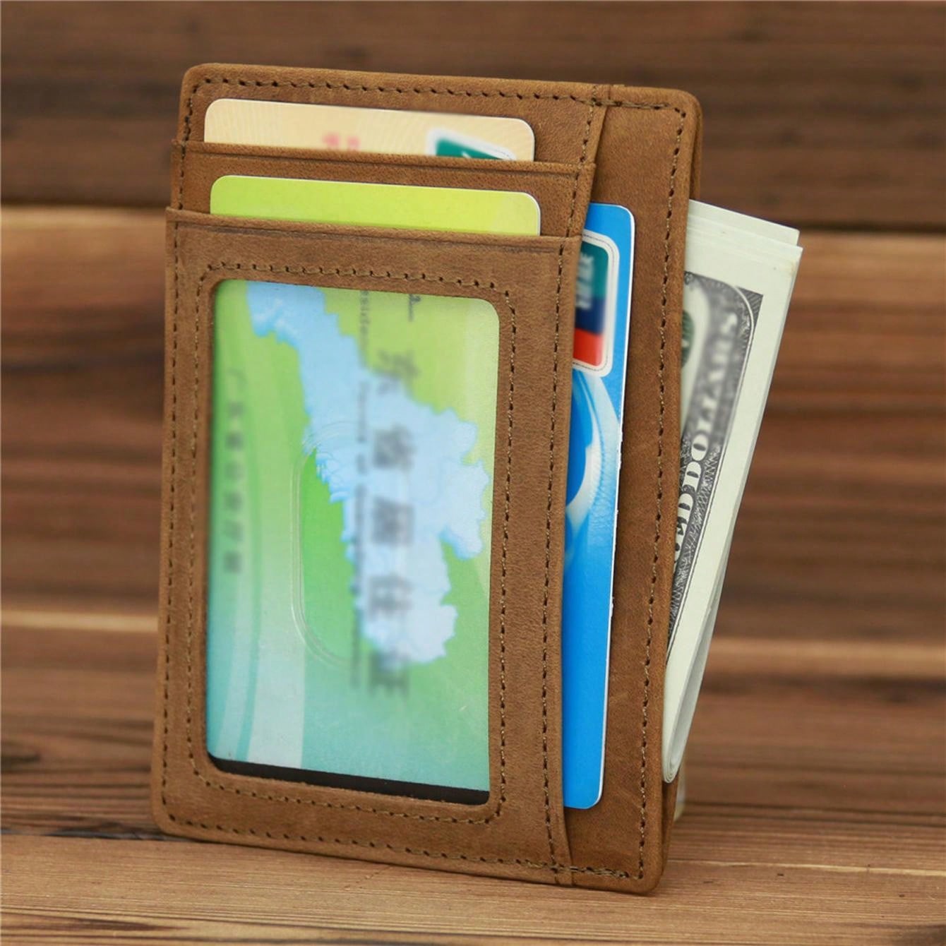 Men's Genuine Crazy Horse Leather Card Holder Slim Wallet Multi Card Slots Credit Card Case