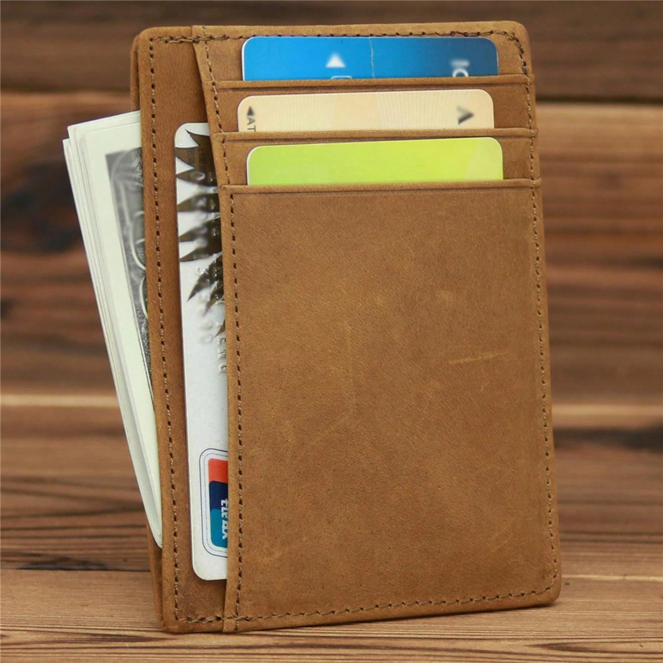 Men's Genuine Crazy Horse Leather Card Holder Slim Wallet Multi Card Slots Credit Card Case