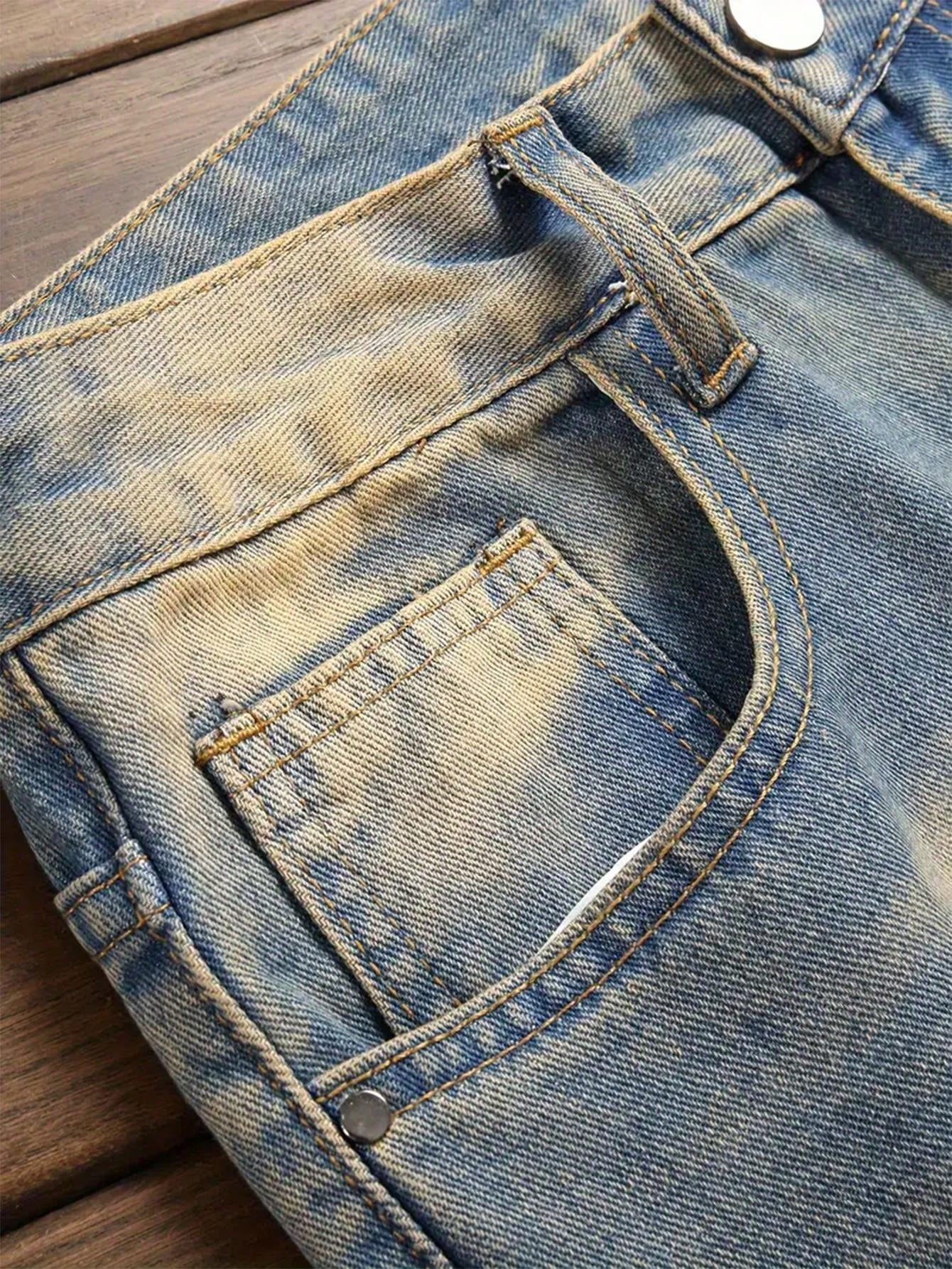 Vintage Style Distressed Men's Street Wear Denim Jeans, Belt Not Included