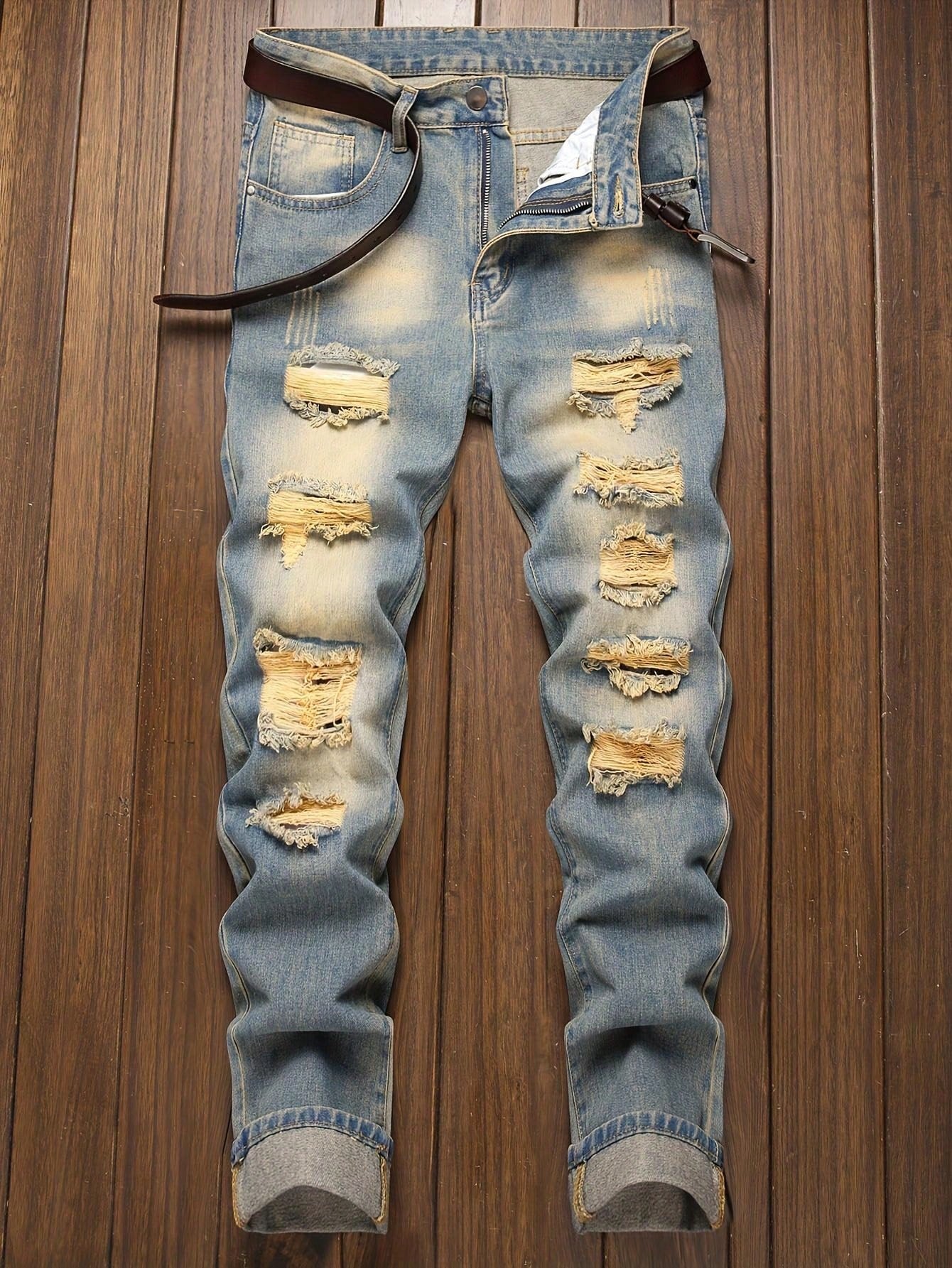 Vintage Style Distressed Men's Street Wear Denim Jeans, Belt Not Included