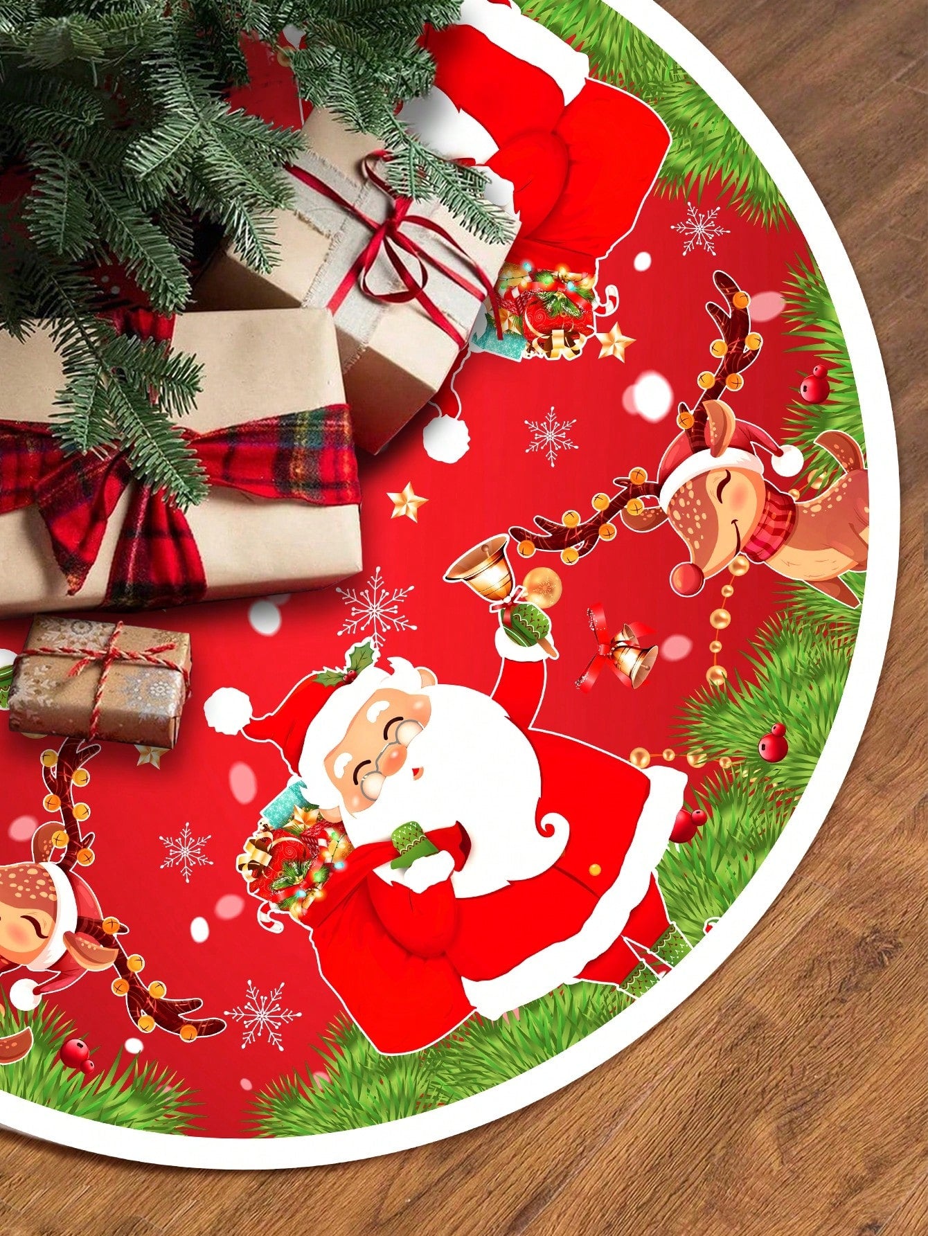 1pc 30/90CM Christmas Tree Skirt, 36/47Inch Santa And Rudolf Elk Print Plush Tree Skirts For Christmas Decorations Home Decor Holiday Party Ornaments, Christmas Tree Decor, Christmas Xmas Festivals Party Decor,Christmas