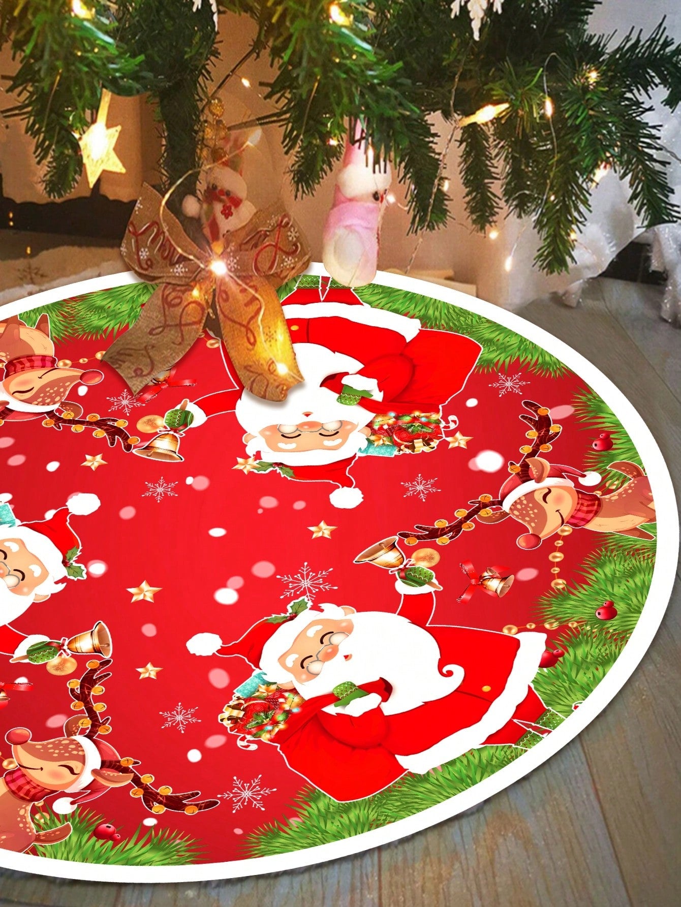 1pc 30/90CM Christmas Tree Skirt, 36/47Inch Santa And Rudolf Elk Print Plush Tree Skirts For Christmas Decorations Home Decor Holiday Party Ornaments, Christmas Tree Decor, Christmas Xmas Festivals Party Decor,Christmas