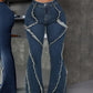 ICON Women Fashion Mottled Washed Denim Patchwork Flared Jeans With Frayed Hem