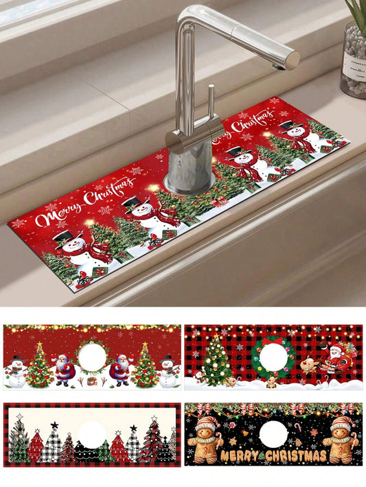 Christmas Faucet Absorbent Pads For Kitchens And Bathrooms, Santa Claus Snowman Gingerbread Man Xmas Tree Pattern Kitchen Diatomaceous Earth Mat, Christmas Decor Home Decor 2024 Happy New Year 2025,Christmas