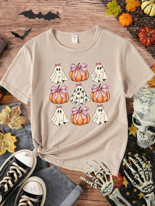 Tween Girls Casual Fashion Halloween Elements Plaid Cute Ghost Pumpkin Print Funny Basic Oversize Autumn T-Shirt