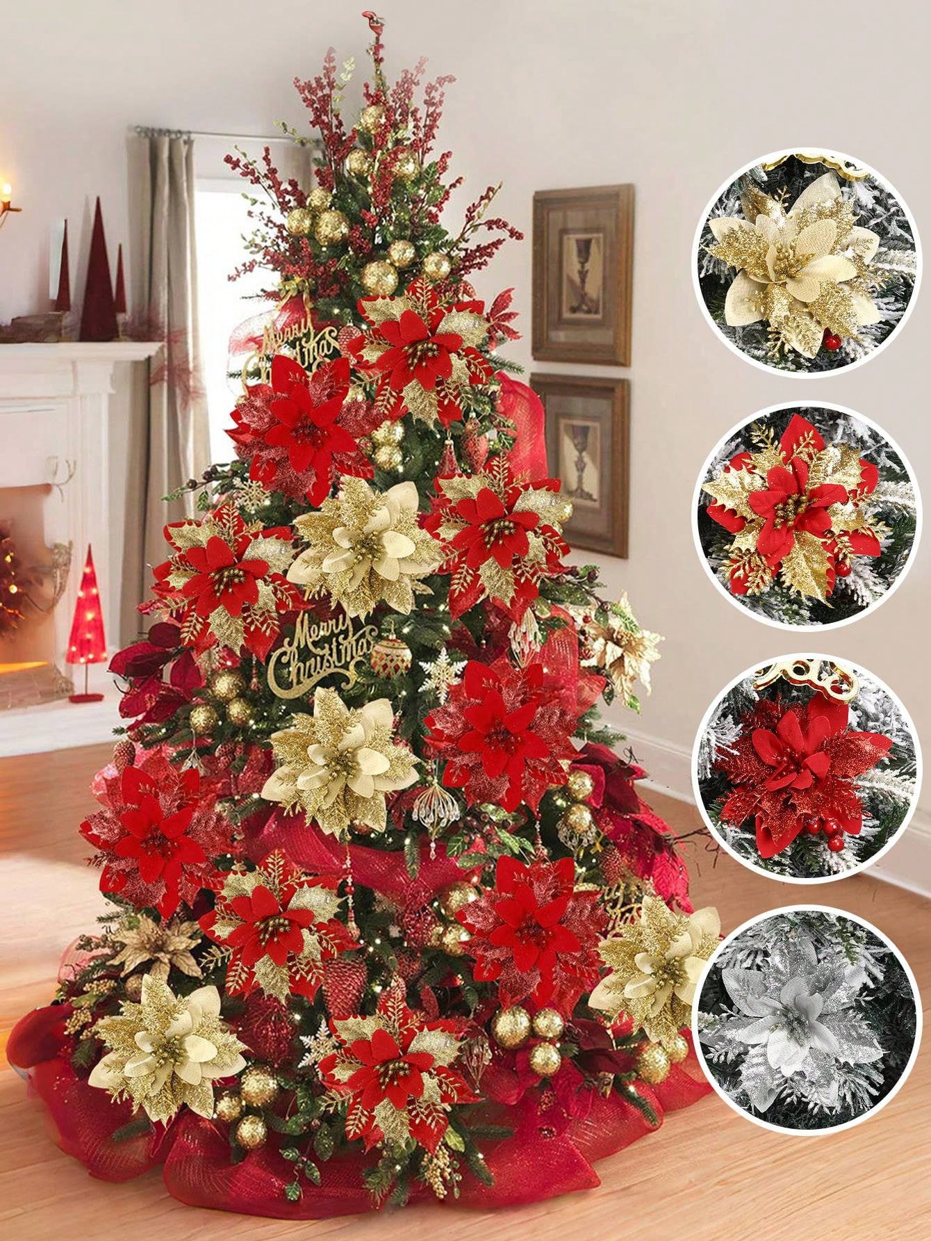 5pcs/Pack Christmas Glitter Artificial Flowers, Christmas Tree Hanging Ornaments Fake Flower, Merry Christmas Decorations For Home 2024 Xmas Navidad Gifts New Year 2025,Christmas