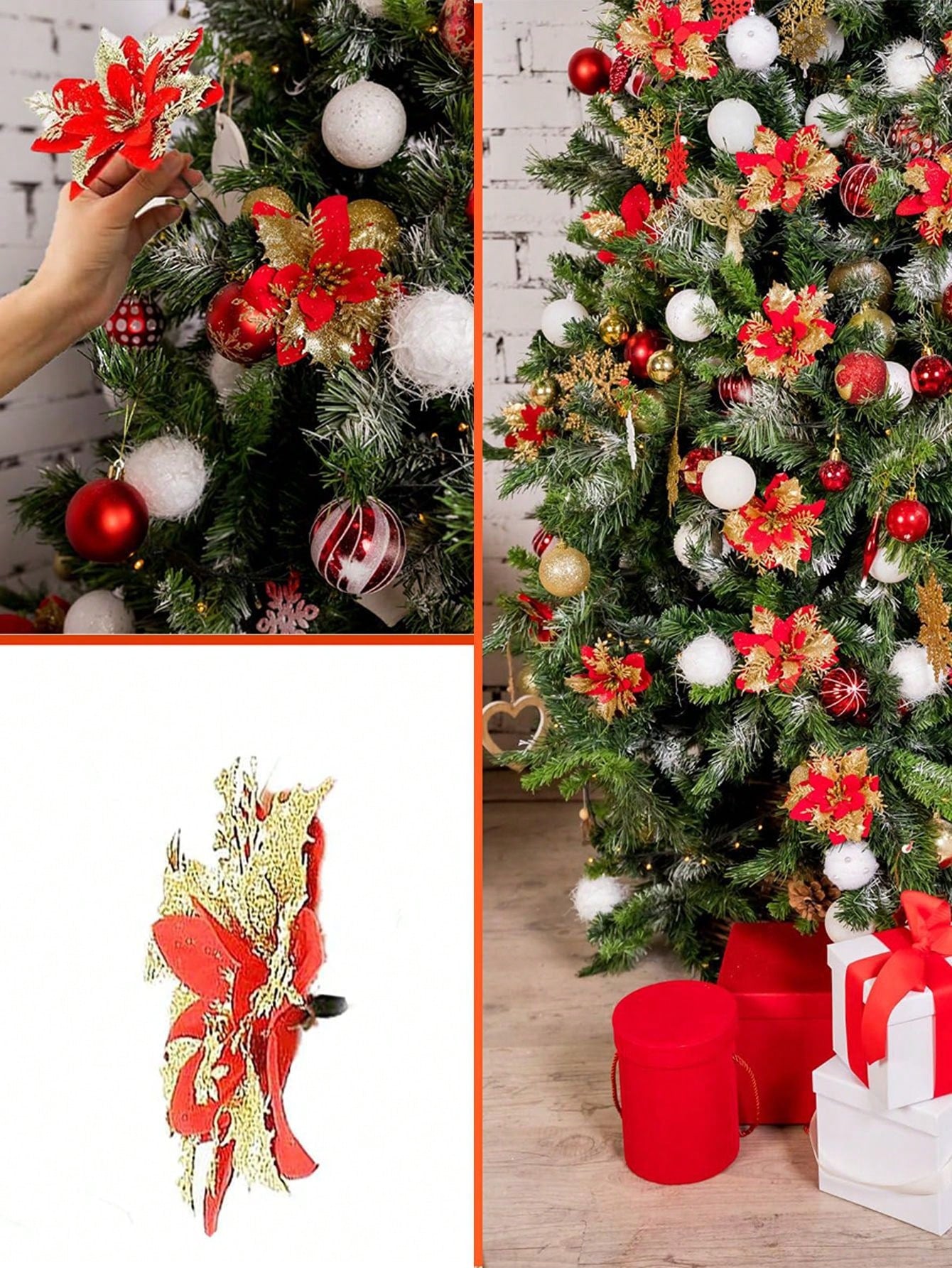 5pcs/Pack Christmas Glitter Artificial Flowers, Christmas Tree Hanging Ornaments Fake Flower, Merry Christmas Decorations For Home 2024 Xmas Navidad Gifts New Year 2025,Christmas