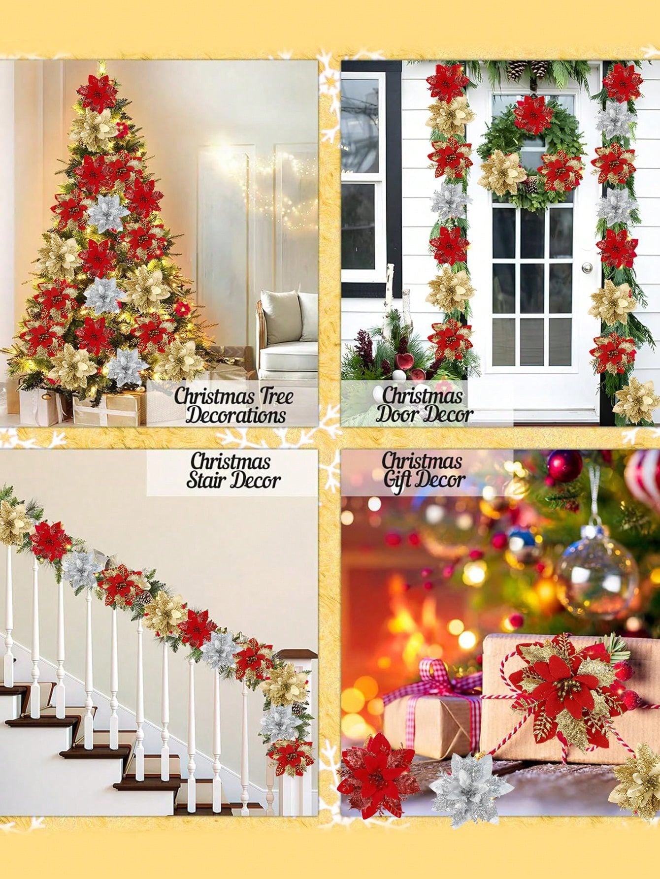 5pcs/Pack Christmas Glitter Artificial Flowers, Christmas Tree Hanging Ornaments Fake Flower, Merry Christmas Decorations For Home 2024 Xmas Navidad Gifts New Year 2025,Christmas