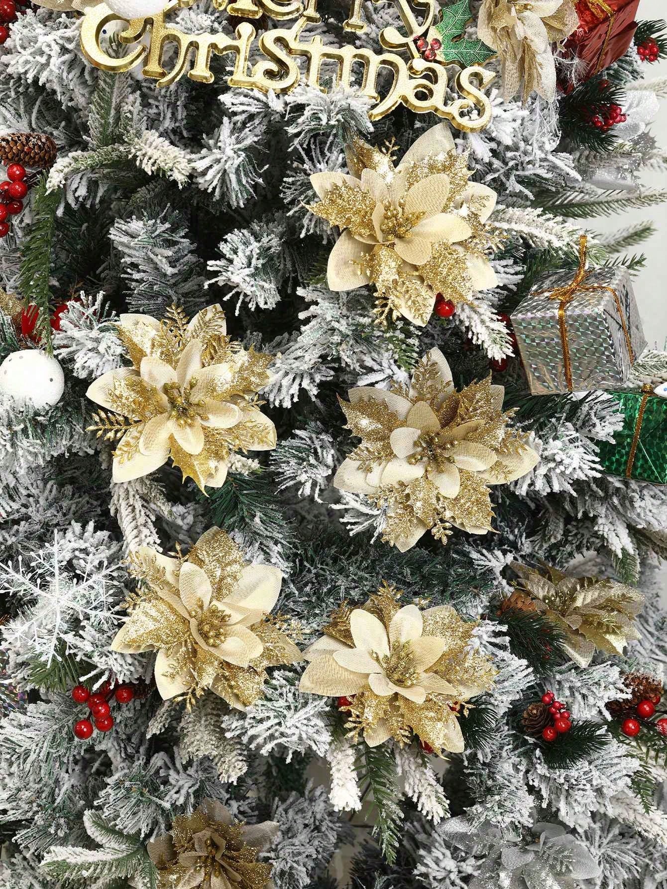 5pcs/Pack Christmas Glitter Artificial Flowers, Christmas Tree Hanging Ornaments Fake Flower, Merry Christmas Decorations For Home 2024 Xmas Navidad Gifts New Year 2025,Christmas