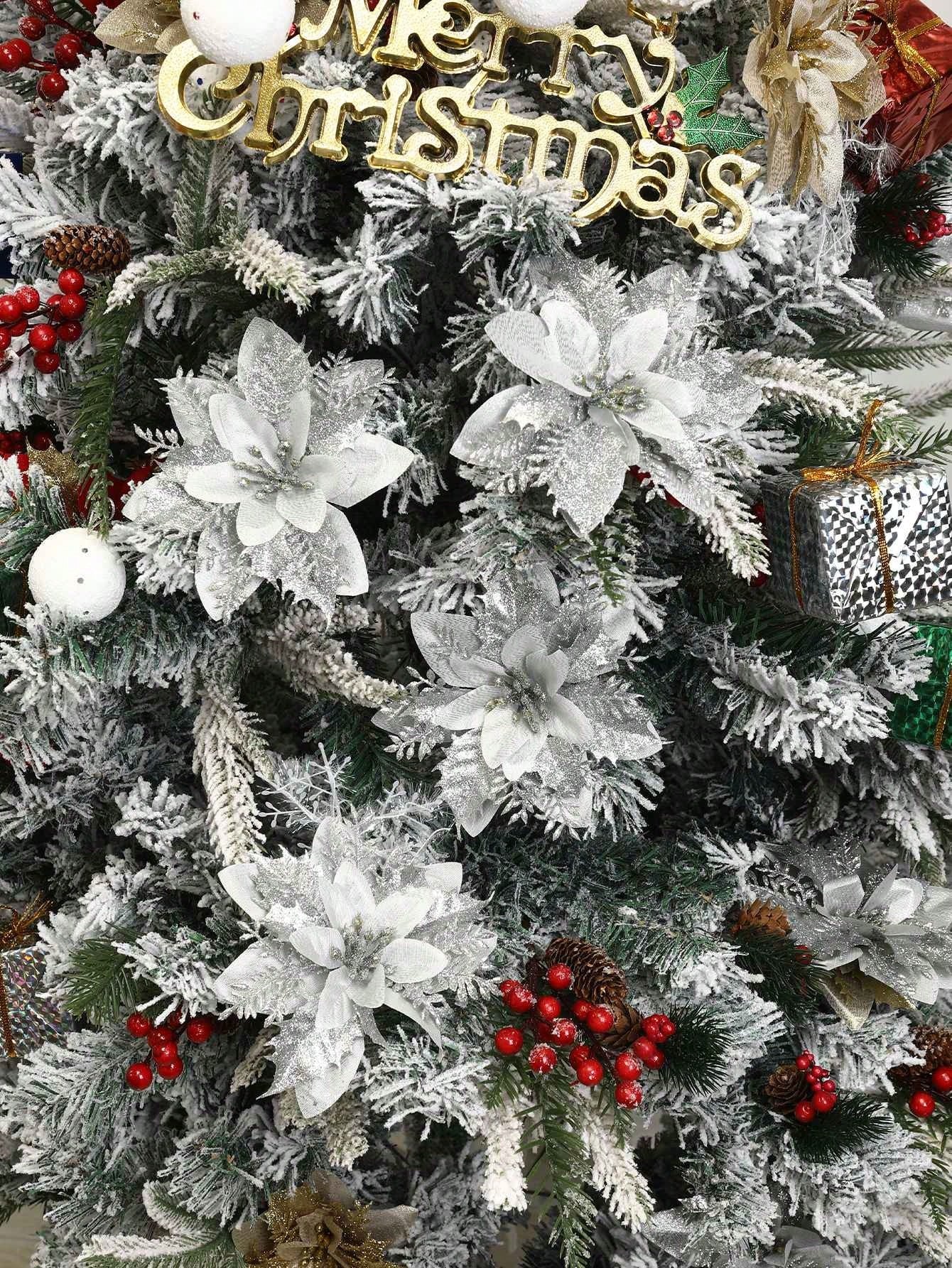 5pcs/Pack Christmas Glitter Artificial Flowers, Christmas Tree Hanging Ornaments Fake Flower, Merry Christmas Decorations For Home 2024 Xmas Navidad Gifts New Year 2025,Christmas