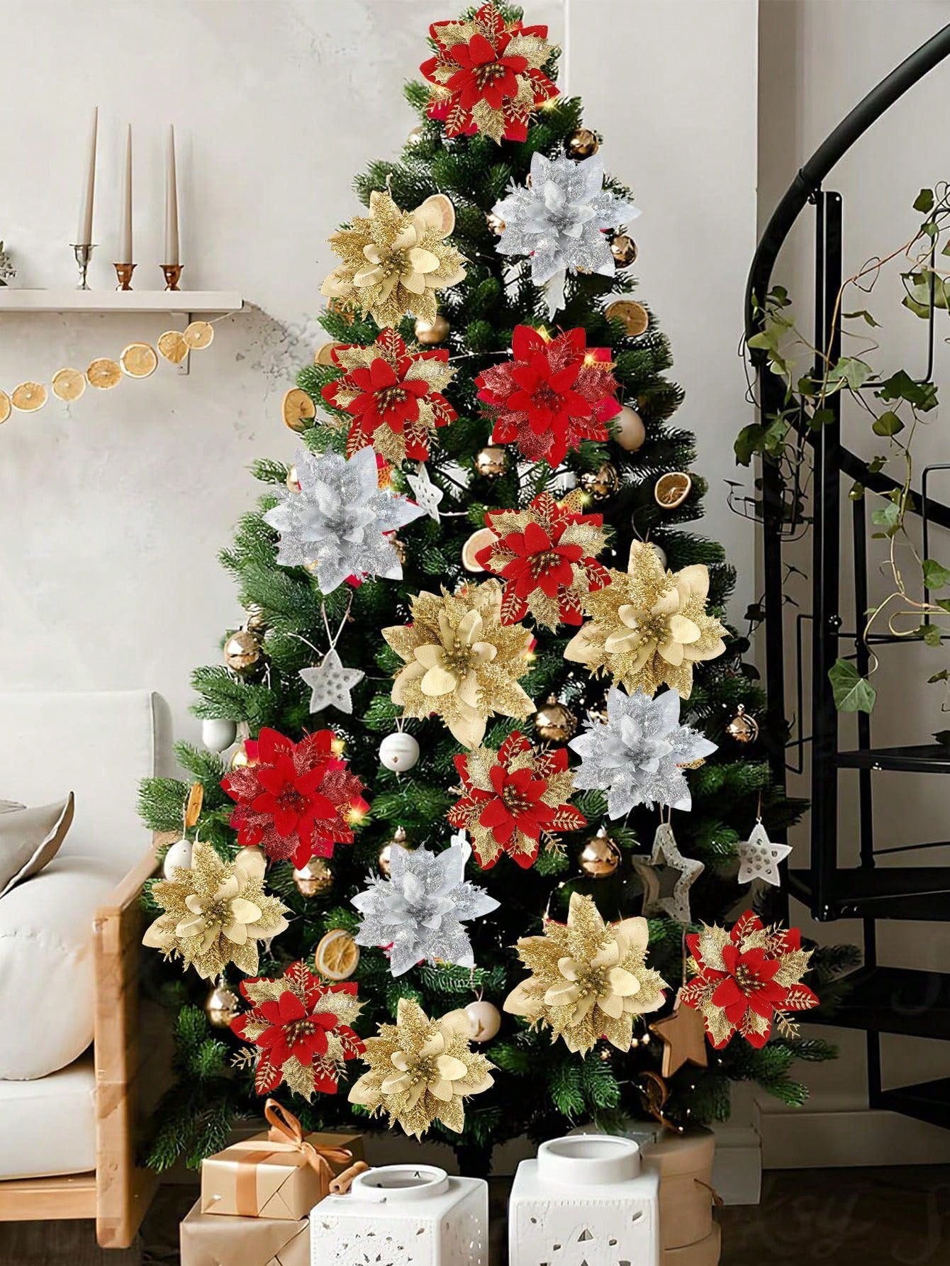 5pcs/Pack Christmas Glitter Artificial Flowers, Christmas Tree Hanging Ornaments Fake Flower, Merry Christmas Decorations For Home 2024 Xmas Navidad Gifts New Year 2025,Christmas