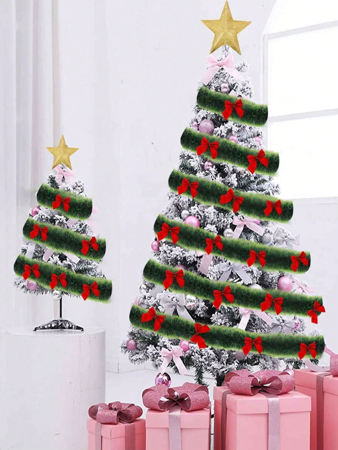 1pc Christmas Tinsel Garland, Dark Green Frost Tip Metallic Garland With 6/12pcs Red Bows, Artificial Xmas Garland For Home Indoor Outdoor Christmas Tree Decoration, Holiday Wedding Party Supplies