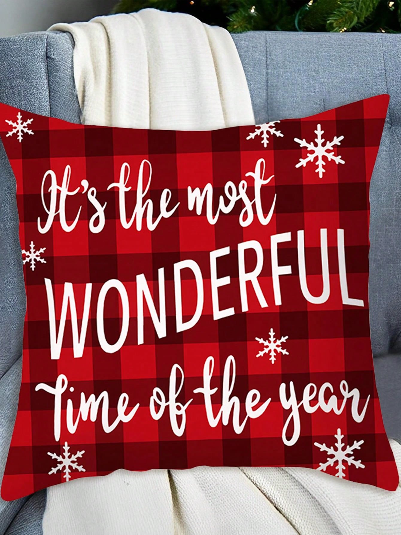 1Pc Christmas Pillowcase,Snowflake Letter Red Plaid Pattern Pillow Covers,Throw Pillow Covers,(Without Pillow Core)Home Decor,Christmas Decorations, Noel Party Supplies, Xmas Decor,Navidad Decor,Christmas Favor,Christmas