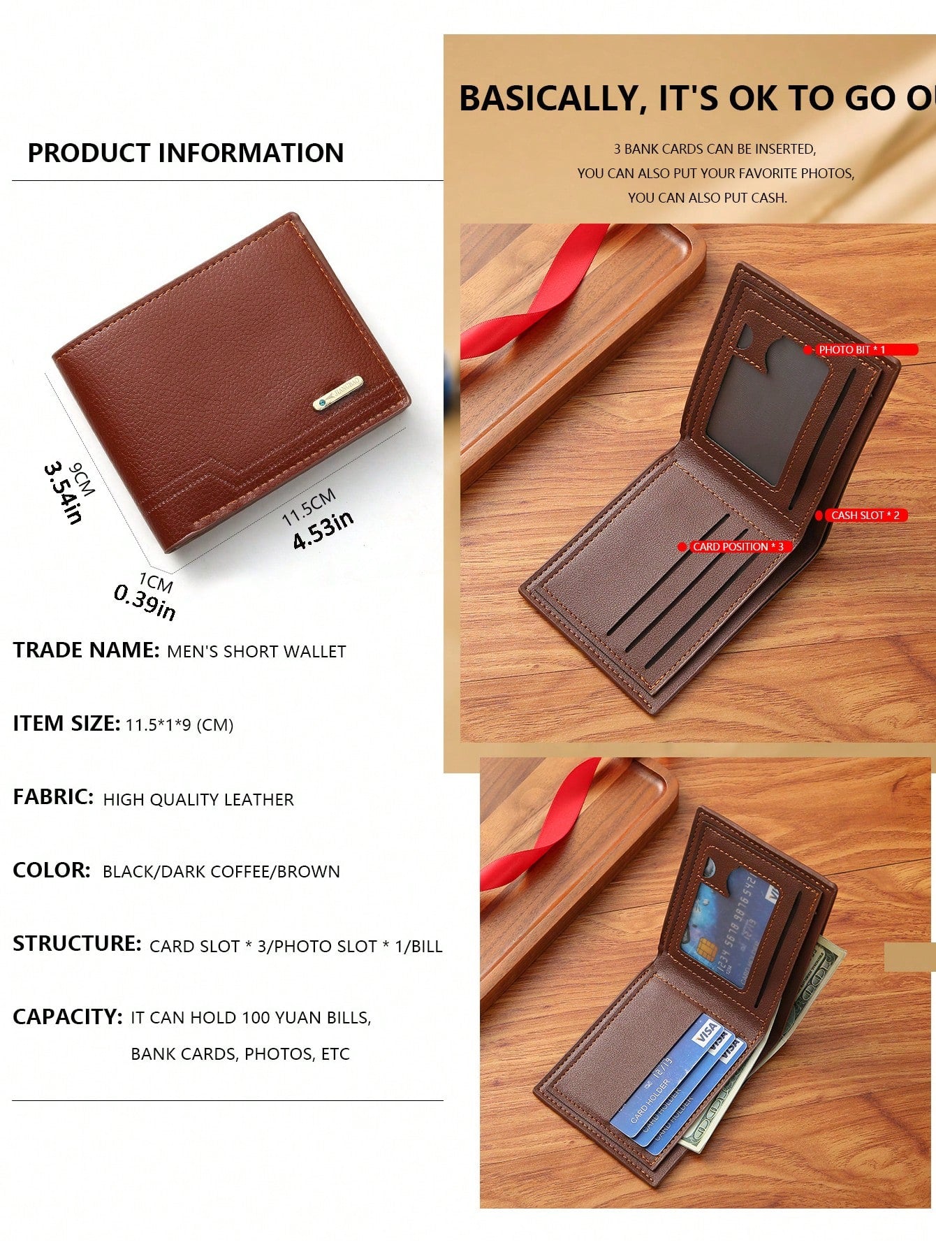 1pc Men's PU Leather Wallet, Large Capacity And Multiple Card Slots, Can Store Large Bills, Simple Coin Pocket, Credit Card, Bank Card, ID Card Photo Slot, Business Casual Style, An Ideal Gift For Men's Birthday Or Partner