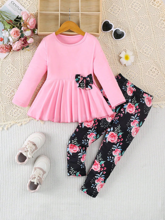 Young Girl's Casual Butterfly Decor Long Sleeve Top And Floral Print Pants Set, Spring Autumn