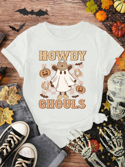 Lemon Design Oversized Girls' Simple White Halloween Cartoon Printed Casual T-Shirt