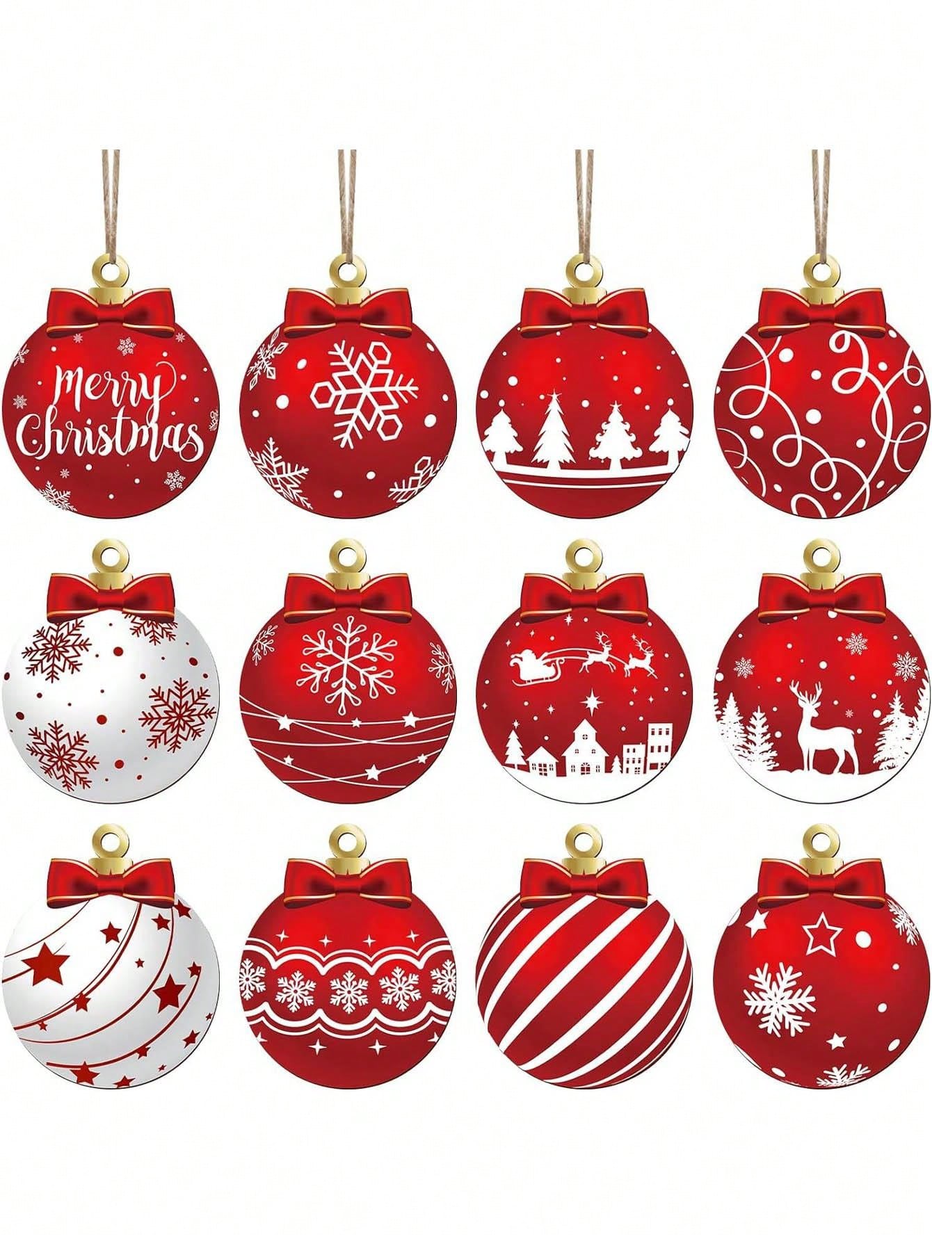 12pcs Easy-Hang Wooden Christmas Decorations For Christmas Tree, Wreath, Fireplace, Party, Outdoor Garden Decor,Christmas