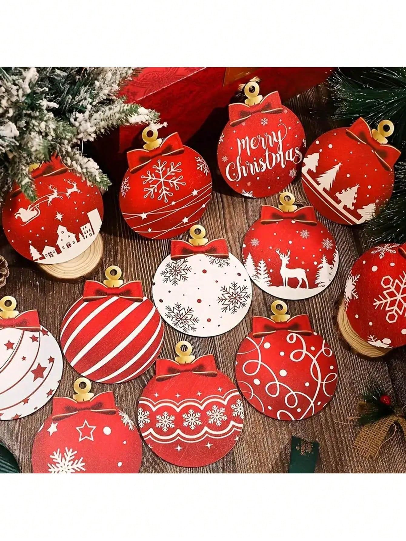 12pcs Easy-Hang Wooden Christmas Decorations For Christmas Tree, Wreath, Fireplace, Party, Outdoor Garden Decor,Christmas