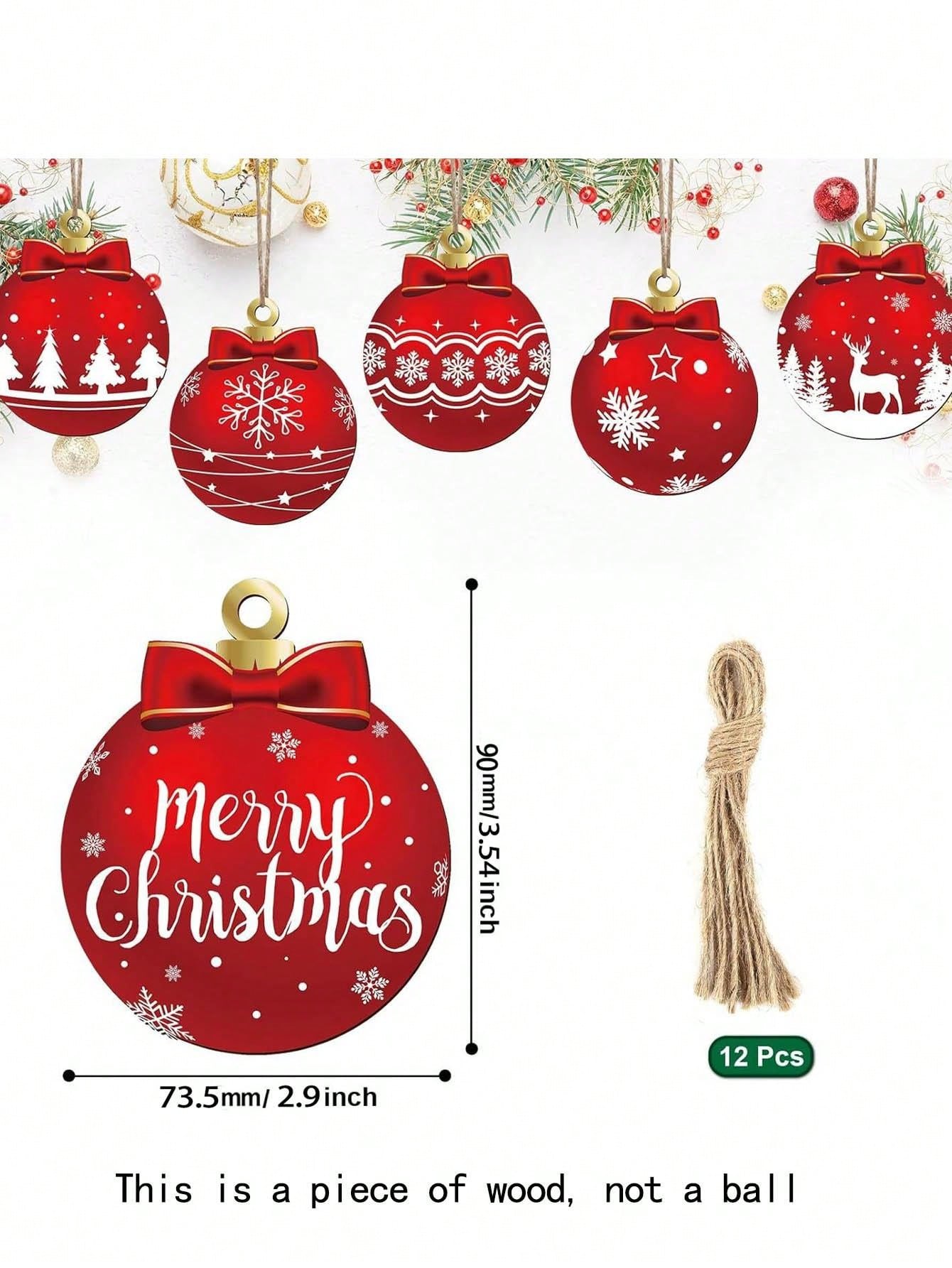 12pcs Easy-Hang Wooden Christmas Decorations For Christmas Tree, Wreath, Fireplace, Party, Outdoor Garden Decor,Christmas