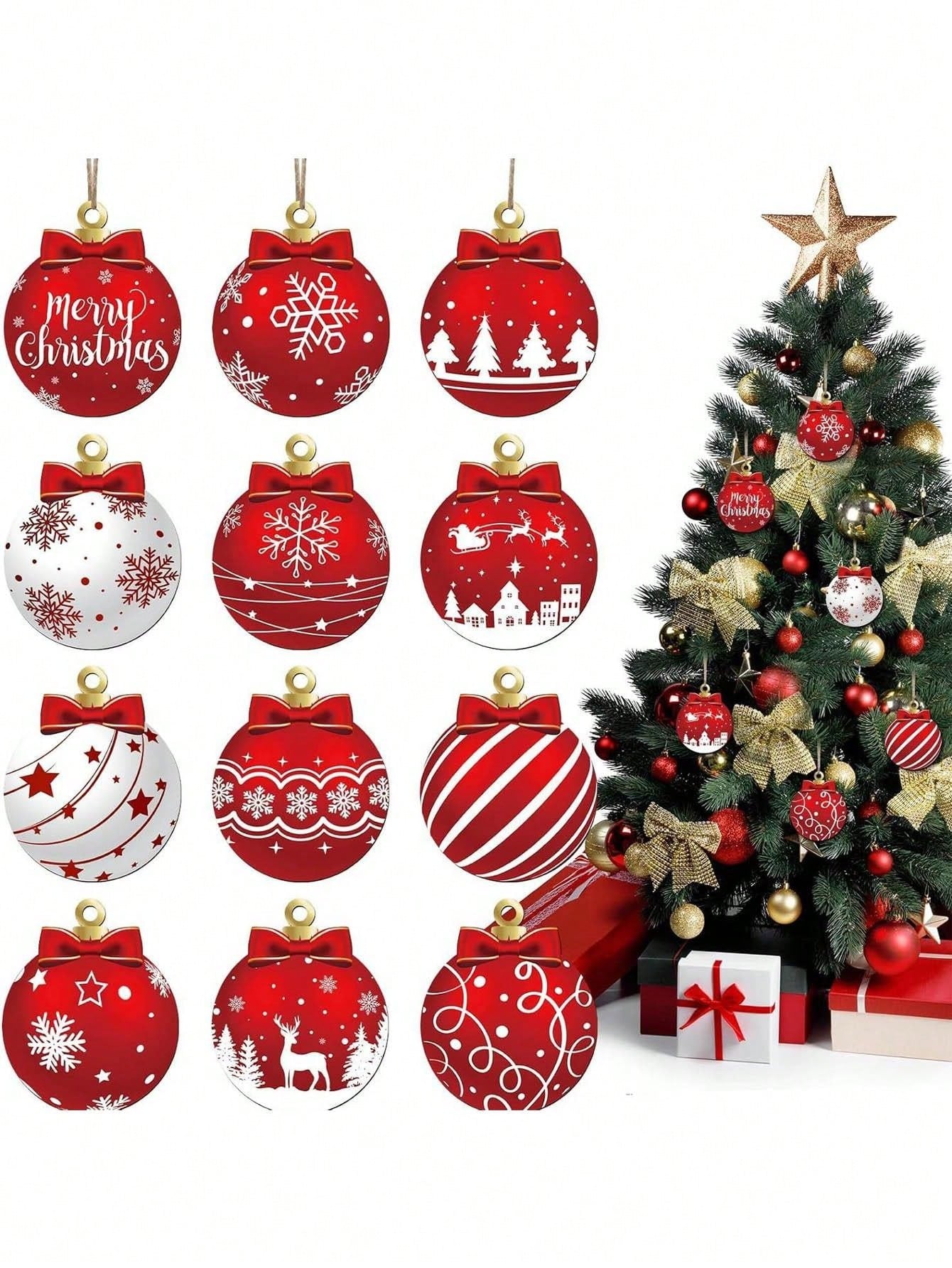 12pcs Easy-Hang Wooden Christmas Decorations For Christmas Tree, Wreath, Fireplace, Party, Outdoor Garden Decor,Christmas