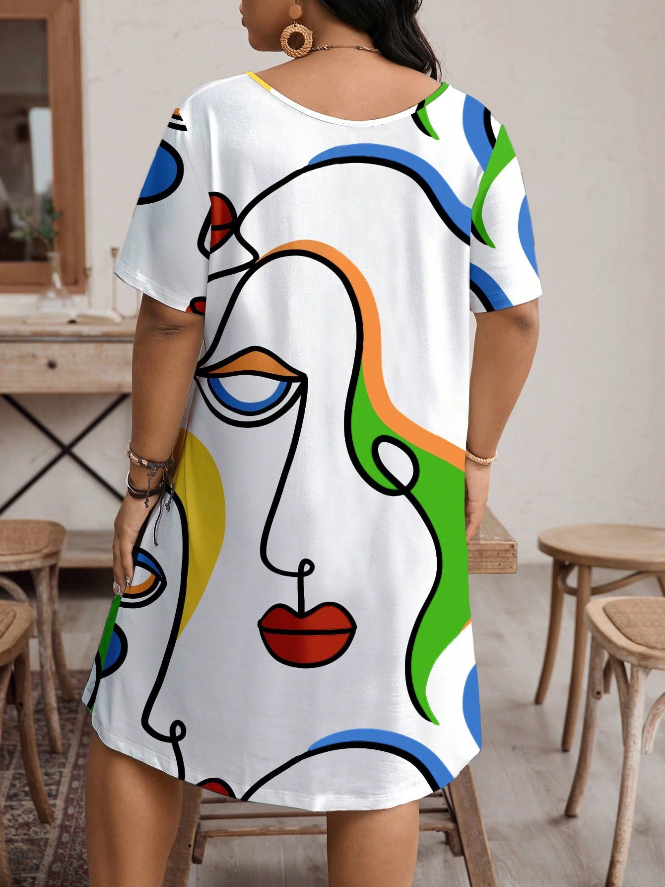 LUNE Plus Size Abstract Art Print Round Neck Short Sleeve Casual Summer Dress, For Thanksgiving