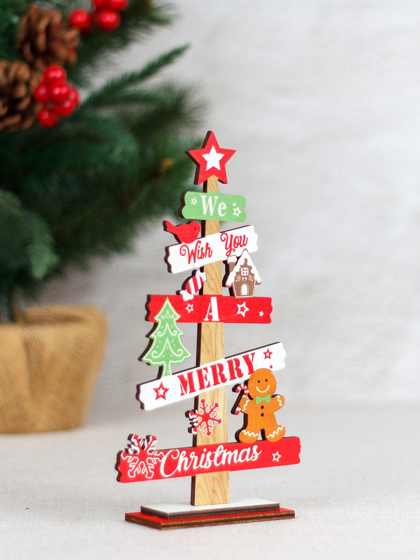 2pcs-Christmas Decoration Set,Christmas Wooden Ornaments,Festive Desktop Idea With Wooden Mini Christmas Tree And Gingerbread Man Display, Wooden Christmas Hanging,For Christmas Festival Decorations,Christmas