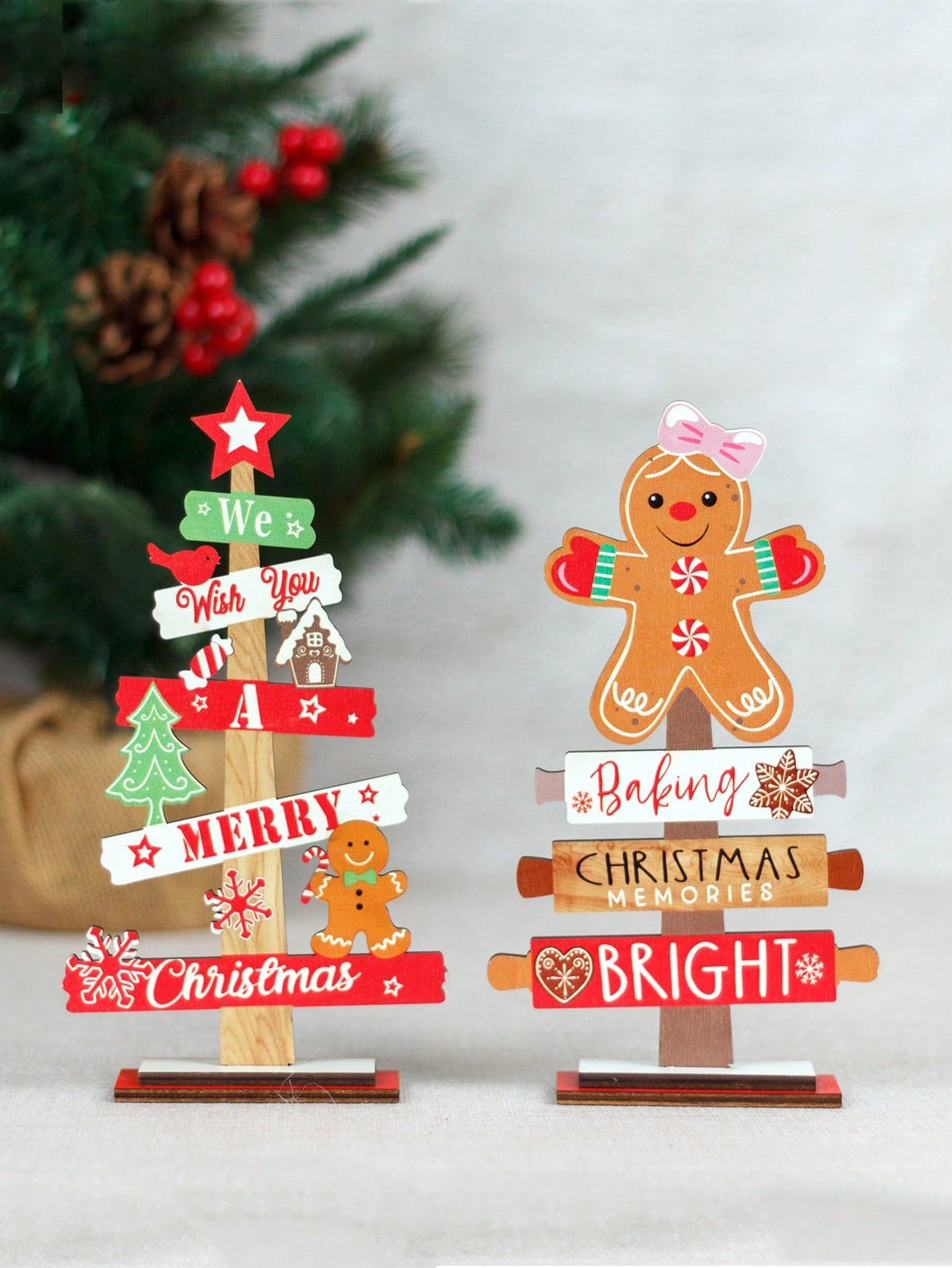 2pcs-Christmas Decoration Set,Christmas Wooden Ornaments,Festive Desktop Idea With Wooden Mini Christmas Tree And Gingerbread Man Display, Wooden Christmas Hanging,For Christmas Festival Decorations,Christmas