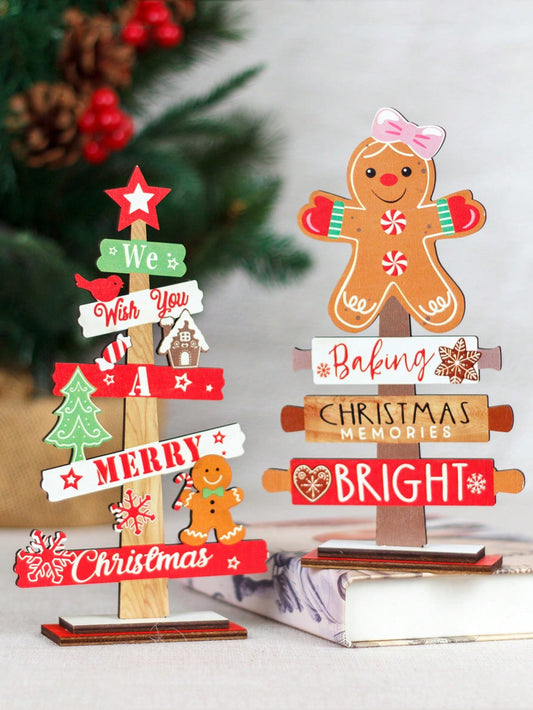 2pcs-Christmas Decoration Set,Christmas Wooden Ornaments,Festive Desktop Idea With Wooden Mini Christmas Tree And Gingerbread Man Display, Wooden Christmas Hanging,For Christmas Festival Decorations,Christmas