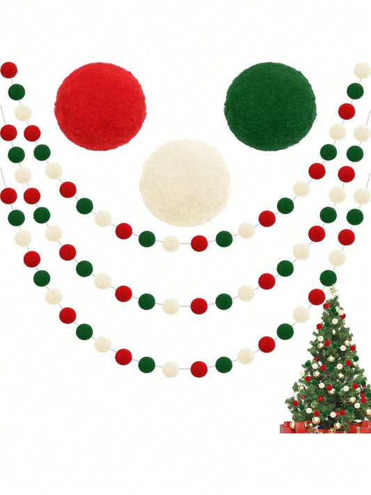 2pcs-Christmas Wool Felt Ball Pull Ring Colorful Pompom Garland Red Green And White Felt Ball Decoration Garland Christmas Decoration Cute Pompom Rope For Christmas Tree Decoration Christmas Holiday Party Birthday Banner,Christmas