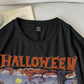 LUNE Plus Size Halloween T-Shirts, Casual Simple Haunted Town Print Loose Fit Short Sleeve Tee For Fall Season