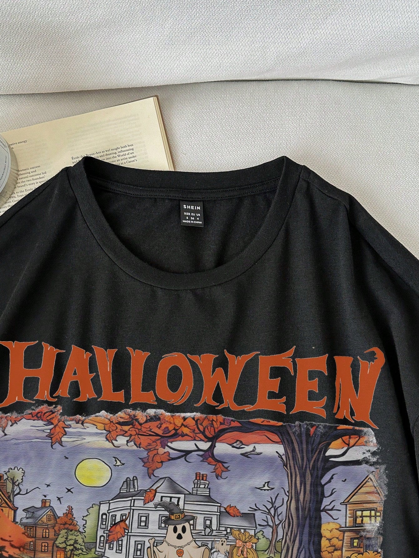 LUNE Plus Size Halloween T-Shirts, Casual Simple Haunted Town Print Loose Fit Short Sleeve Tee For Fall Season