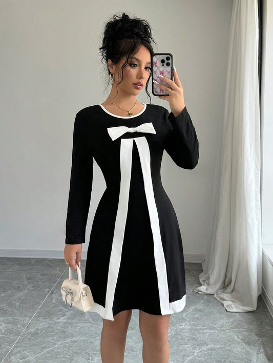 Elenzya Women's Black And White Contrast Color Block Round Neck Long Sleeve Casual Short Dress